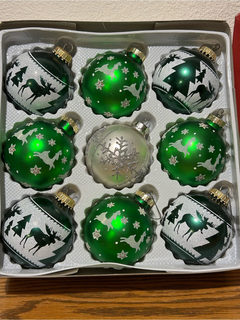 Green and Silver Holiday Glass Ornament Set